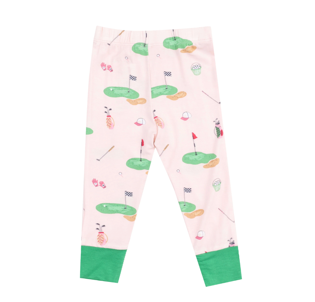 Pink pajama set for kids featuring golf-themed design, by Angel Dear, with soft fabric and playful graphics perfect for bedtime.