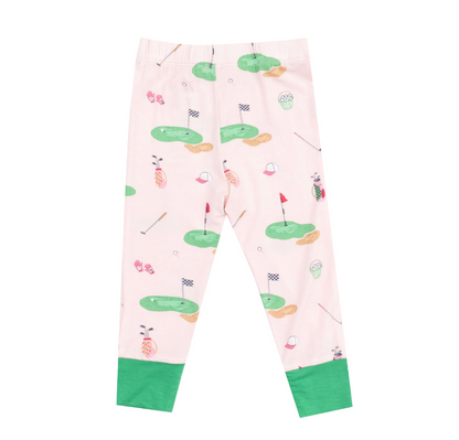 Pink pajama set for kids featuring golf-themed design, by Angel Dear, with soft fabric and playful graphics perfect for bedtime.