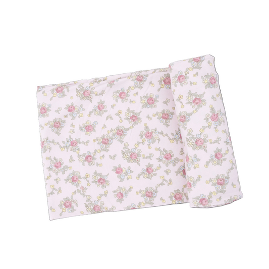Angel Dear Edith's Rose Garden swaddle blanket with pink rose pattern, soft fabric, ideal for newborns and infants.