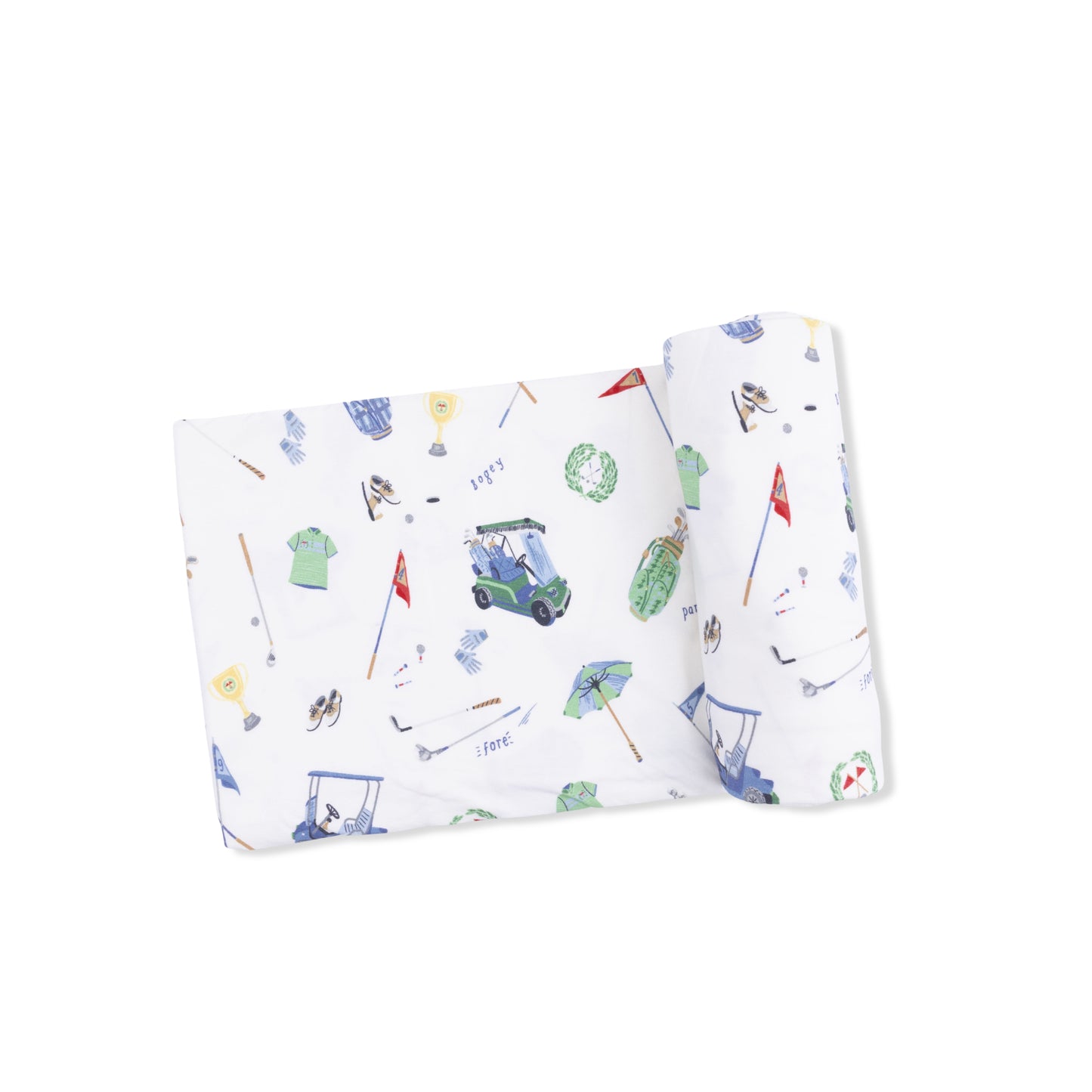 Angel Dear Golf Things swaddle blanket featuring a soft, cozy fabric with playful golf-themed patterns for babies.