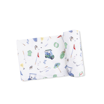 Angel Dear Golf Things swaddle blanket featuring a soft, cozy fabric with playful golf-themed patterns for babies.