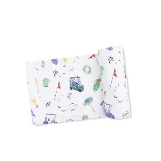 Angel Dear Golf Things swaddle blanket featuring a soft, cozy fabric with playful golf-themed patterns for babies.