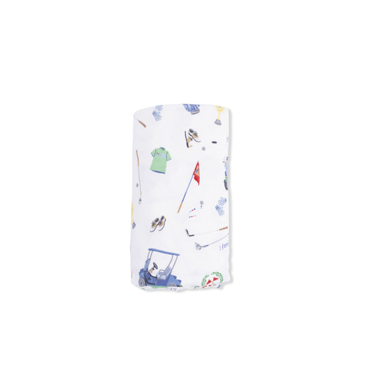 Angel Dear Golf Things swaddle blanket featuring playful golf-themed patterns on soft fabric for infants and babies.