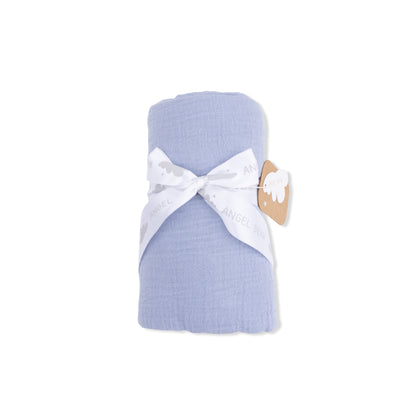 Blue muslin swaddle blanket by Angel Dear featuring soft, breathable solid fabric perfect for wrapping infants.