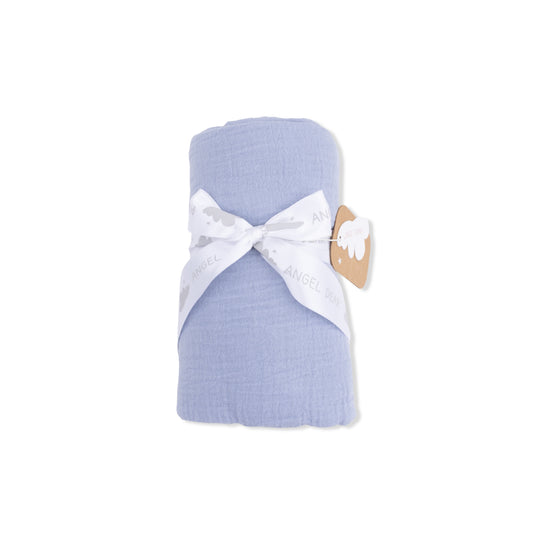Blue muslin swaddle blanket by Angel Dear featuring soft, breathable solid fabric perfect for wrapping infants.