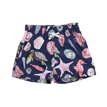 Load image into Gallery viewer, Boys Swim Trunk Navy Watercolor Shells
