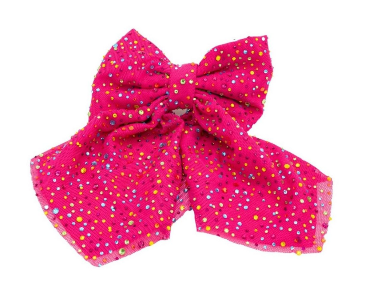 Girls large tulle bow with rhinestones, Bari Lynn accessory, featuring soft tulle fabric and sparkling decorative embellishments.