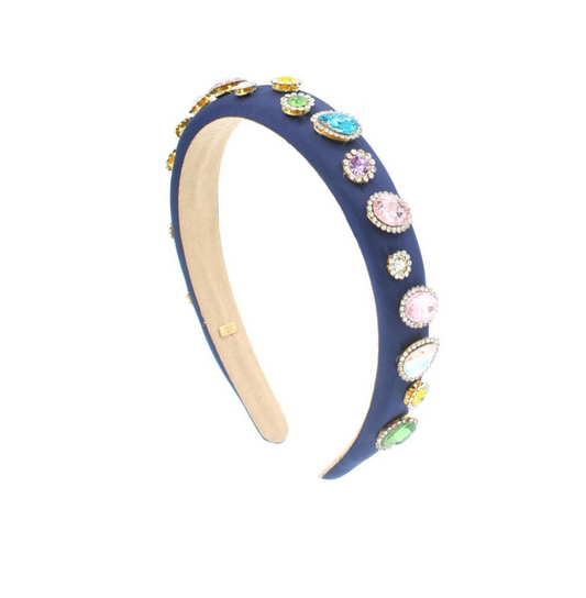 Navy kids satin jeweled headband by Bari Lynn with sparkling embellishments and a soft satin finish.