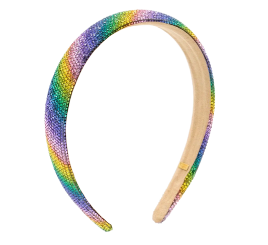 Kids sparkly rainbow stripe crystal headband by Bari Lynn with colorful, glittering rhinestones and vibrant rainbow stripes.