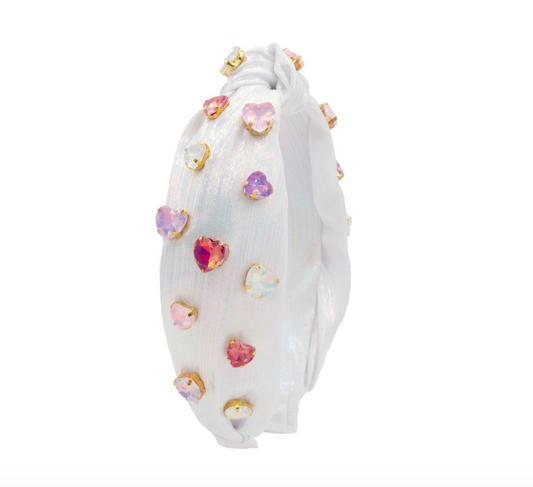 Bari Lynn knot headband with colorful heart jewel embellishments, stylish accessory for a fun, fashionable look.