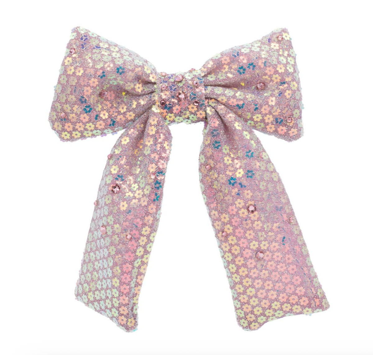 Pink shimmer sequin flower bow clip by Bari Lynn, featuring a sparkling sequined flower design on a hair accessory.
