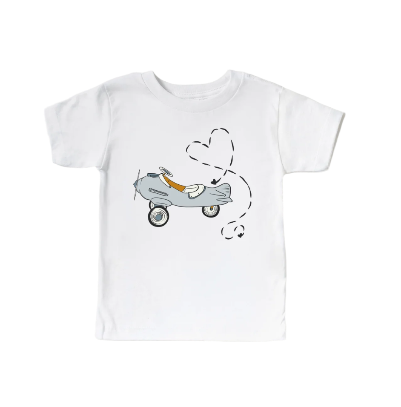Kids' Valentine's Day shirt featuring airplane design and love-themed graphics from Benny & Ray Apparel.