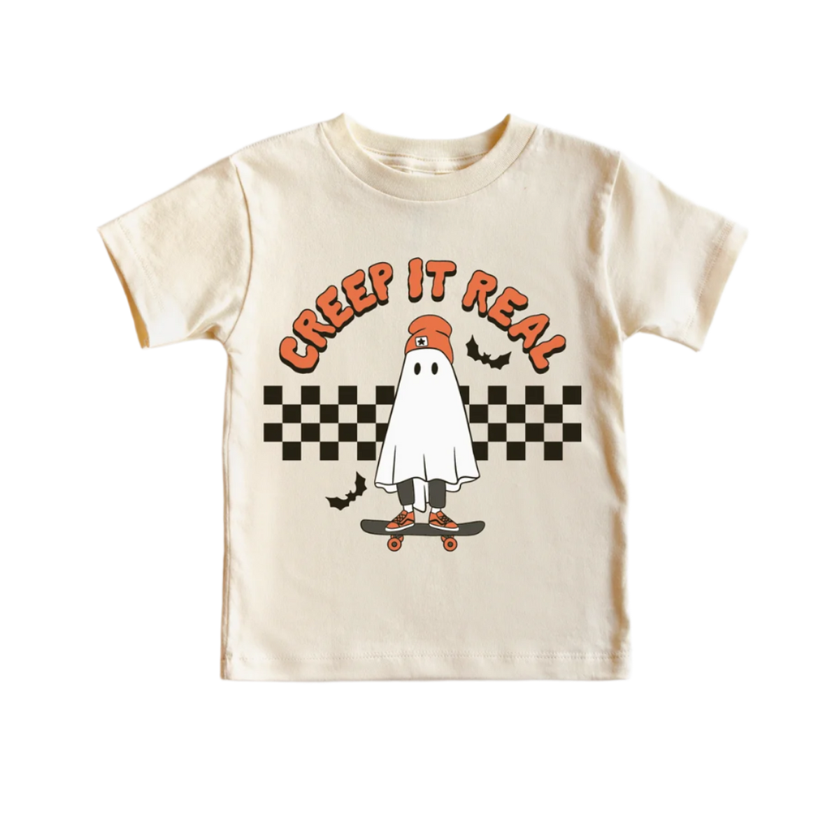 Kids' Halloween ghost T-shirt by Benny & Ray Apparel featuring fun "Creep It Real" spooky ghost graphic on a black tee.