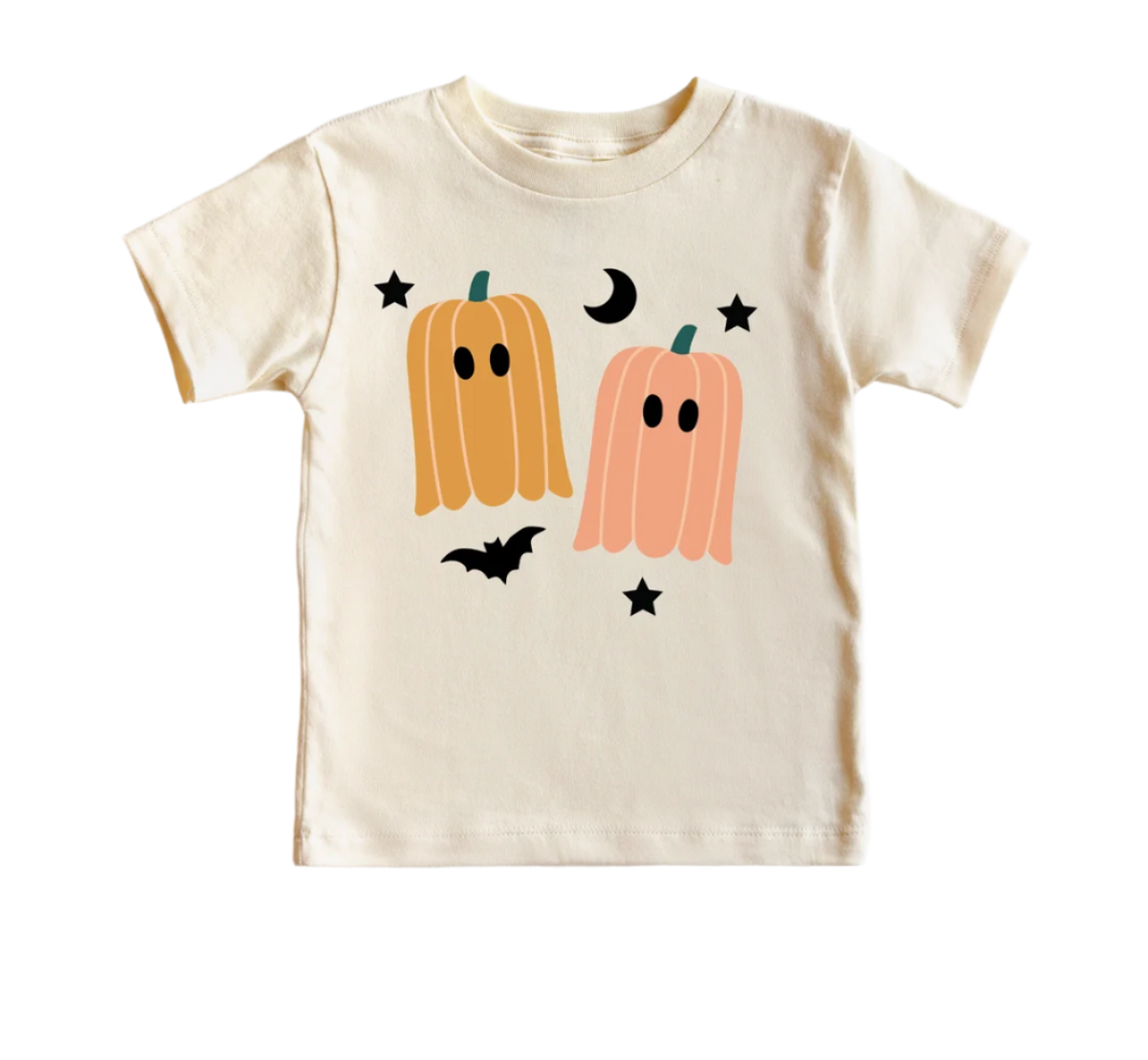 Cute pumpkin and ghost Halloween kids tee by Benny & Ray Apparel, featuring spooky fall-themed cartoon design for children.