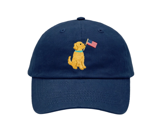 Kids American embroidered baseball hat by Bits and Bows featuring a dog flag design and classic brim, perfect for patriotic style.