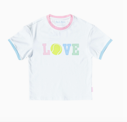 Girls' LOVE Tennis Tee by bits and bows, featuring a colorful graphic design on a light fabric, perfect for active young girls.