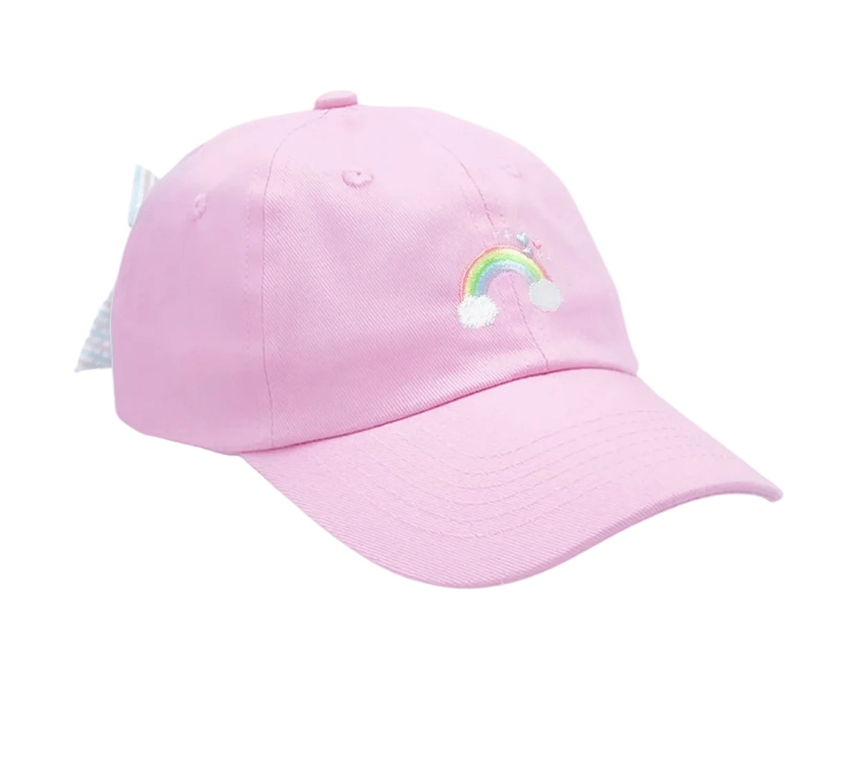 Embroidered rainbow bow baseball hat by Bits and Bows, featuring colorful rainbow bow detail and classic baseball cap style.
