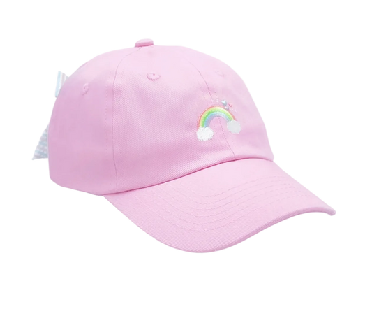 Embroidered rainbow bow baseball hat by Bits and Bows, featuring colorful rainbow bow detail and classic baseball cap style.