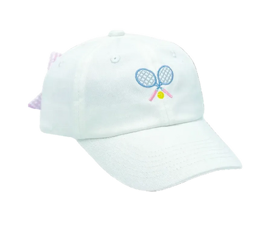 Girls embroidered tennis racket baseball hat with bow by Bits and Bows, featuring a stylish design and colorful embroidery.