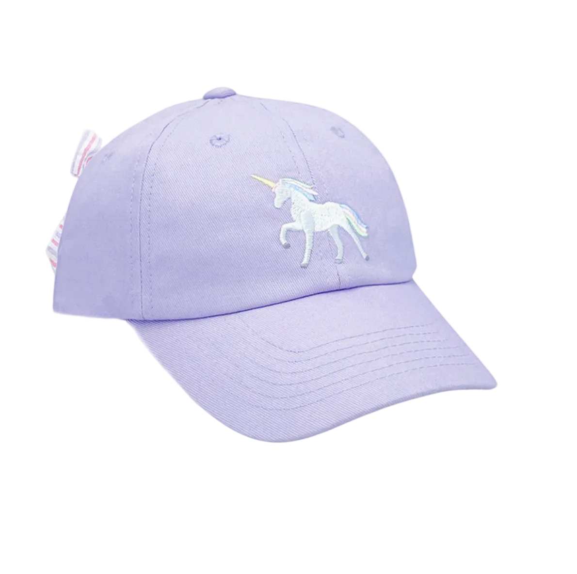 Girls rainbow unicorn embroidered bow baseball hat by Bits and Bows with colorful unicorn and bow details.