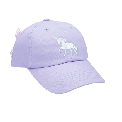 Girls rainbow unicorn embroidered bow baseball hat by Bits and Bows with colorful unicorn and bow details.