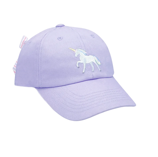 Girls rainbow unicorn embroidered bow baseball hat by Bits and Bows, featuring colorful unicorn and bow design on a classic hat.