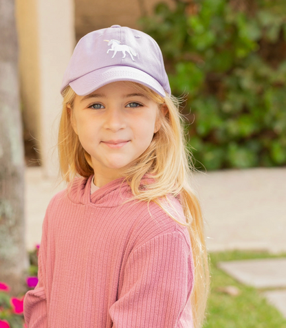 Girls Rainbow Unicorn embroidered bow baseball hat by Bits and Bows, featuring colorful rainbow unicorn design and adjustable fit.