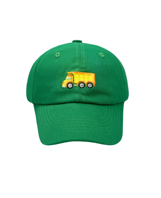 Kids embroidered green dump truck baseball hat by Bits and Bows, featuring colorful truck design and adjustable brim
