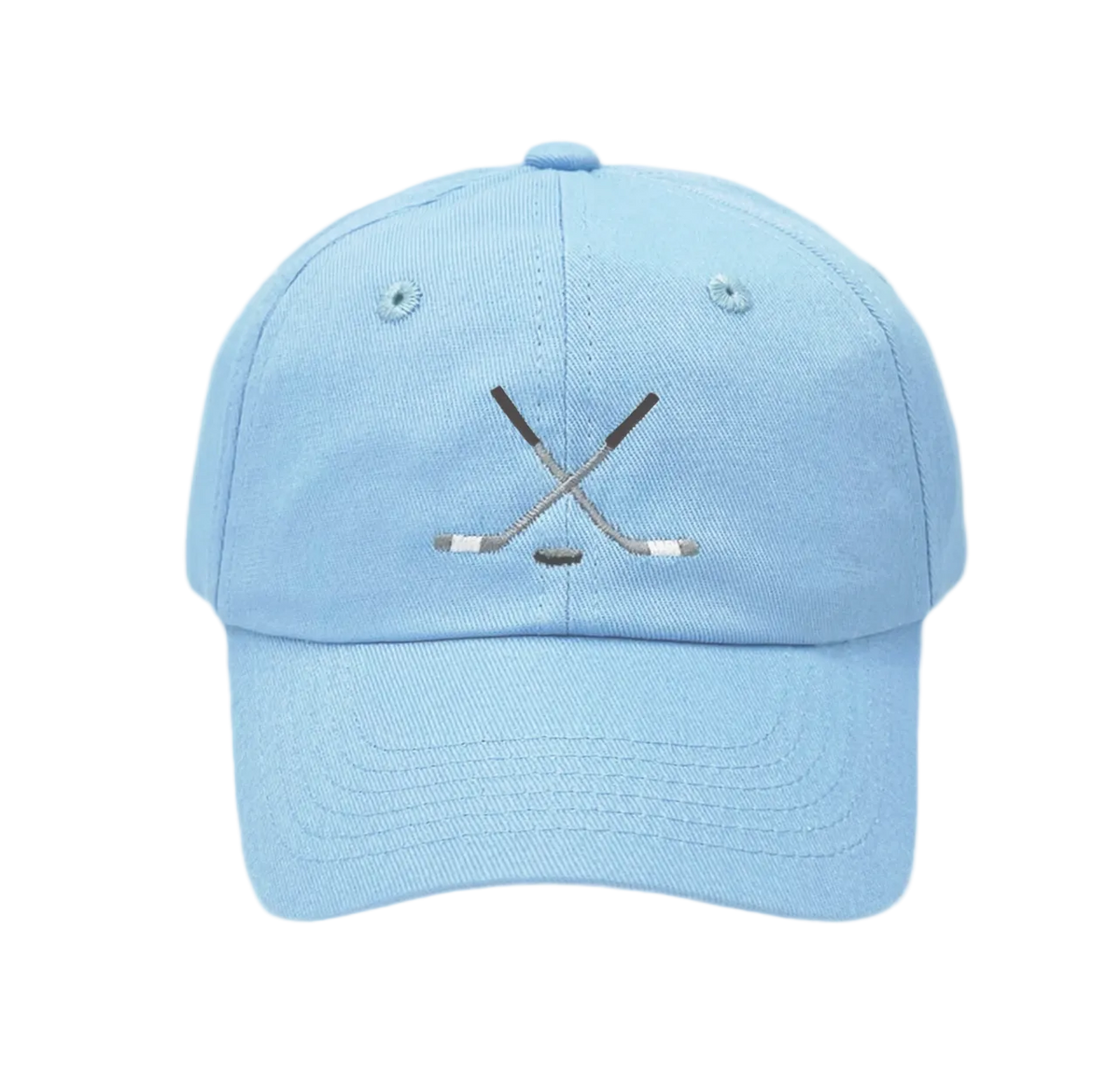 Light blue kids' embroidered hockey baseball hat by Bits and Bows, featuring a sporty design and adjustable strap.