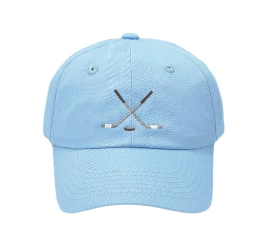 Light blue kids' embroidered hockey baseball hat by Bits and Bows, featuring a sporty design and adjustable strap.