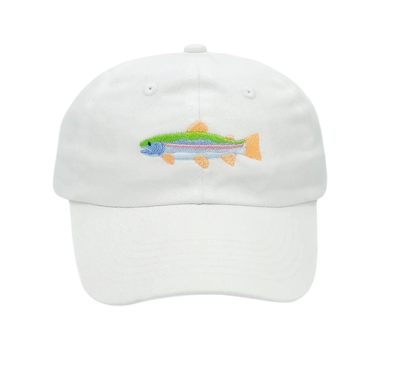 White baseball hat by bits and bows with colorful rainbow trout fish embroidery, casual and stylish accessory
