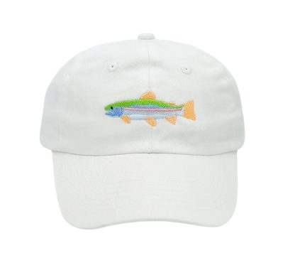 White baseball hat by bits and bows with colorful rainbow trout fish embroidery, casual and stylish accessory