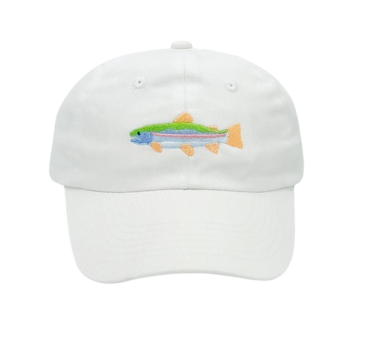 White baseball hat with colorful rainbow trout fish embroidery by Bits and Bows, casual accessory with detailed fish design.