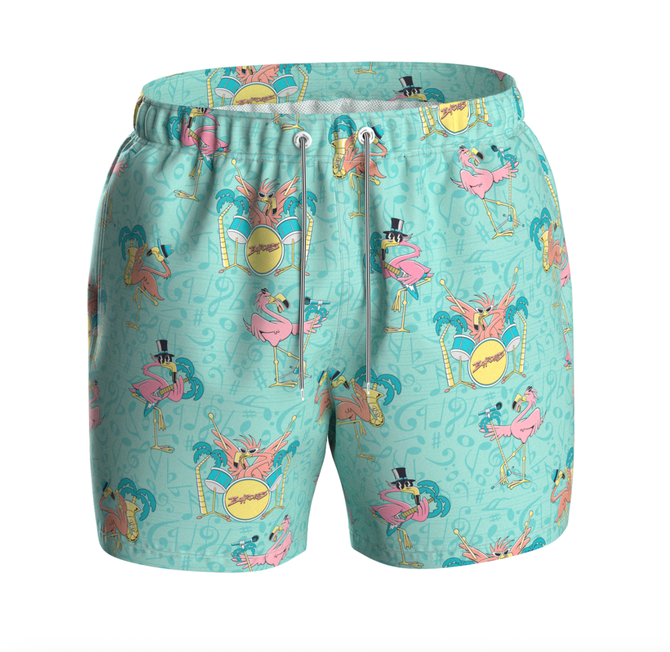 Kids' Boardies Flam-ringo swim shorts with bright, colorful flame and ring pattern, designed for young children.