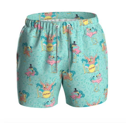 Kids' Flam-ringo swim shorts by Boardies featuring colorful flame pattern and elastic waistband for comfortable summer wear.