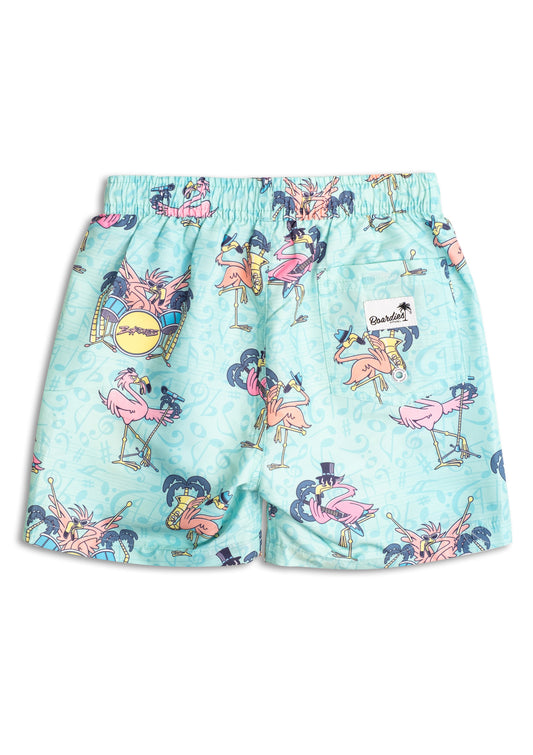 Back view of Boardies Flam-ringo kids swim shorts featuring a flamingo print and comfortable elastic waistband.