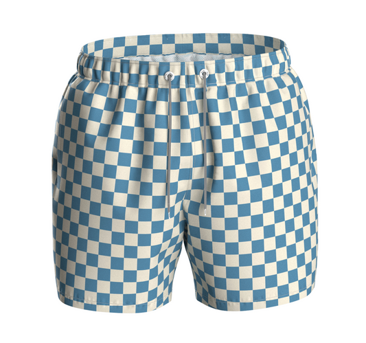 Kids' Boardies Liffy Check swim shorts with a blue and green check pattern, featuring an elastic waistband and relaxed fit.