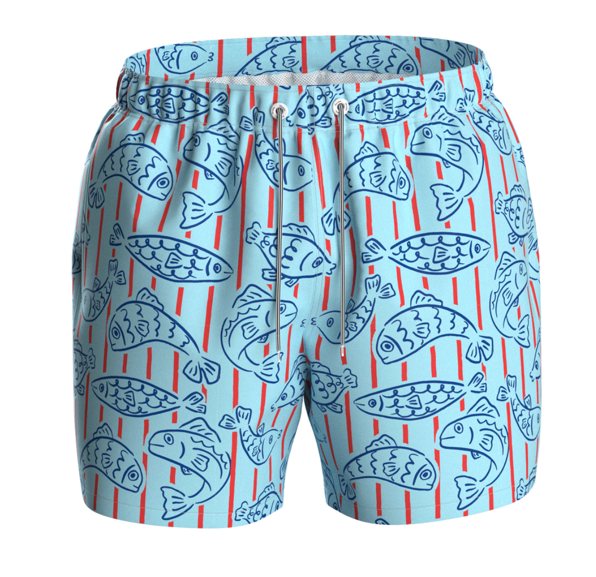 Boardies Little Fishy kids swim shorts with colorful fish pattern, lightweight and quick-drying for children’s beachwear.
