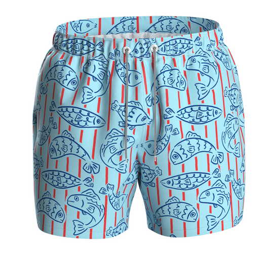 Boardies Little Fishy kids swim shorts with colorful fish pattern, lightweight and quick-drying for children’s beachwear.