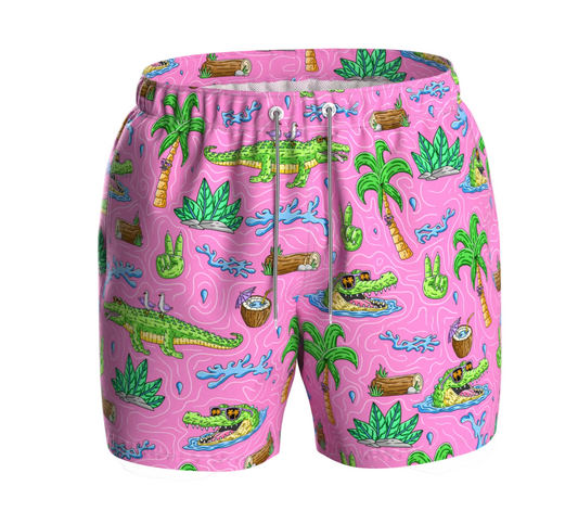 Kids' Boardies Mulga Crocs swim shorts with vibrant print, elastic waistband, and lightweight fabric for comfortable summer wear.