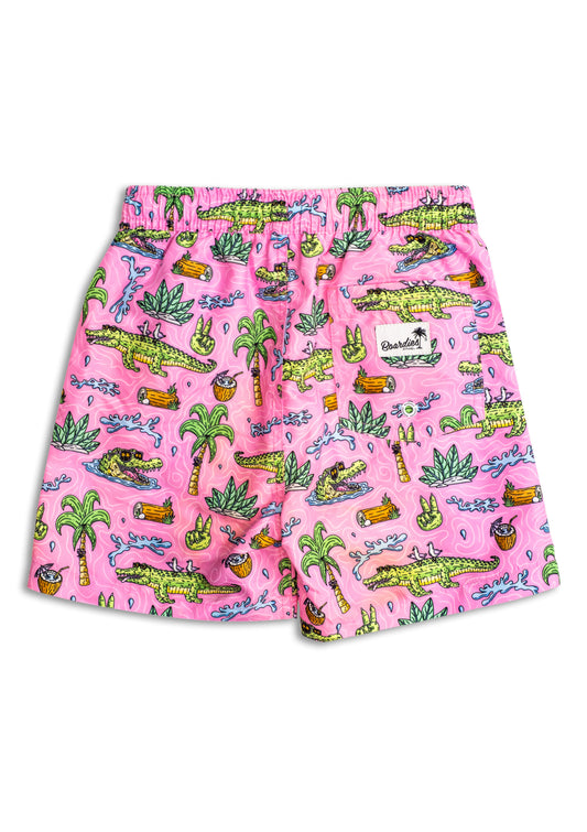 Kids' swim shorts by Boardies, Mulga Crocs design, featuring vibrant colors and comfortable fit for boys aged 1-2 years.