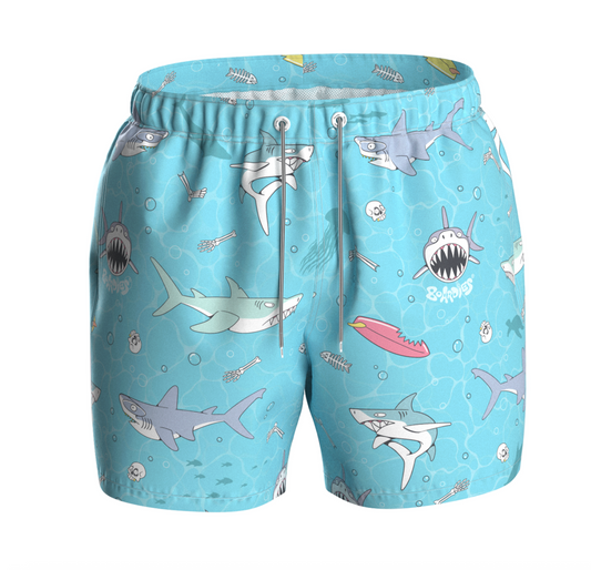 Kids' Boardies Sharky Waters swim shorts with shark print, lightweight and quick-drying for children’s beach and pool wear.