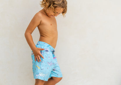Kids' Boardies Sharky Waters swim shorts with shark pattern, lightweight and quick-drying for boys and girls.