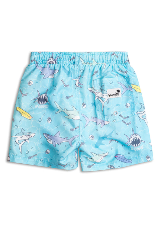 Kids' Boardies Sharky Waters swim shorts featuring a shark print, designed for comfortable water play and beach fun.