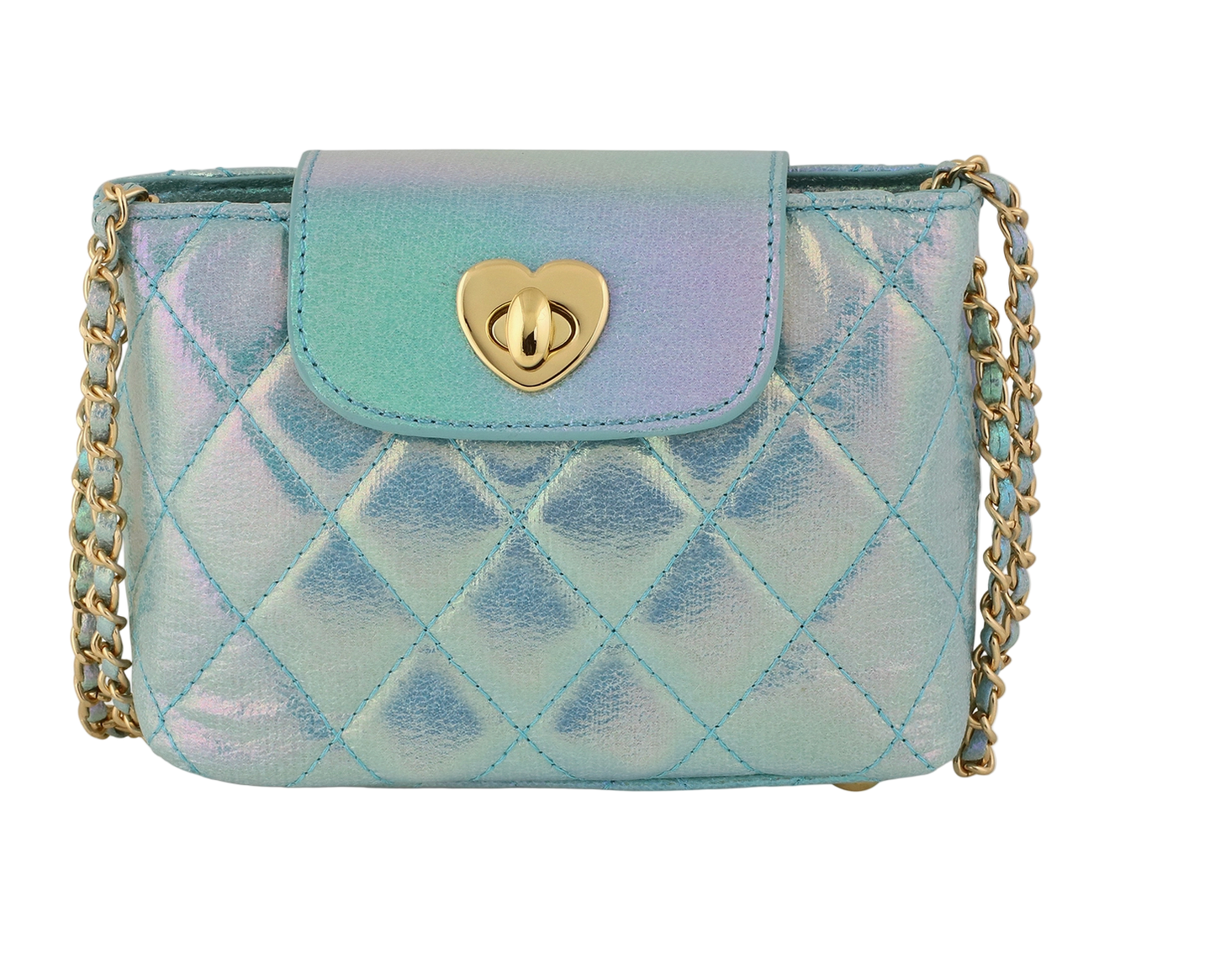 Aqua metallic girls' Paige bag by Carrying Kind, featuring a shiny exterior and stylish design for young girls.