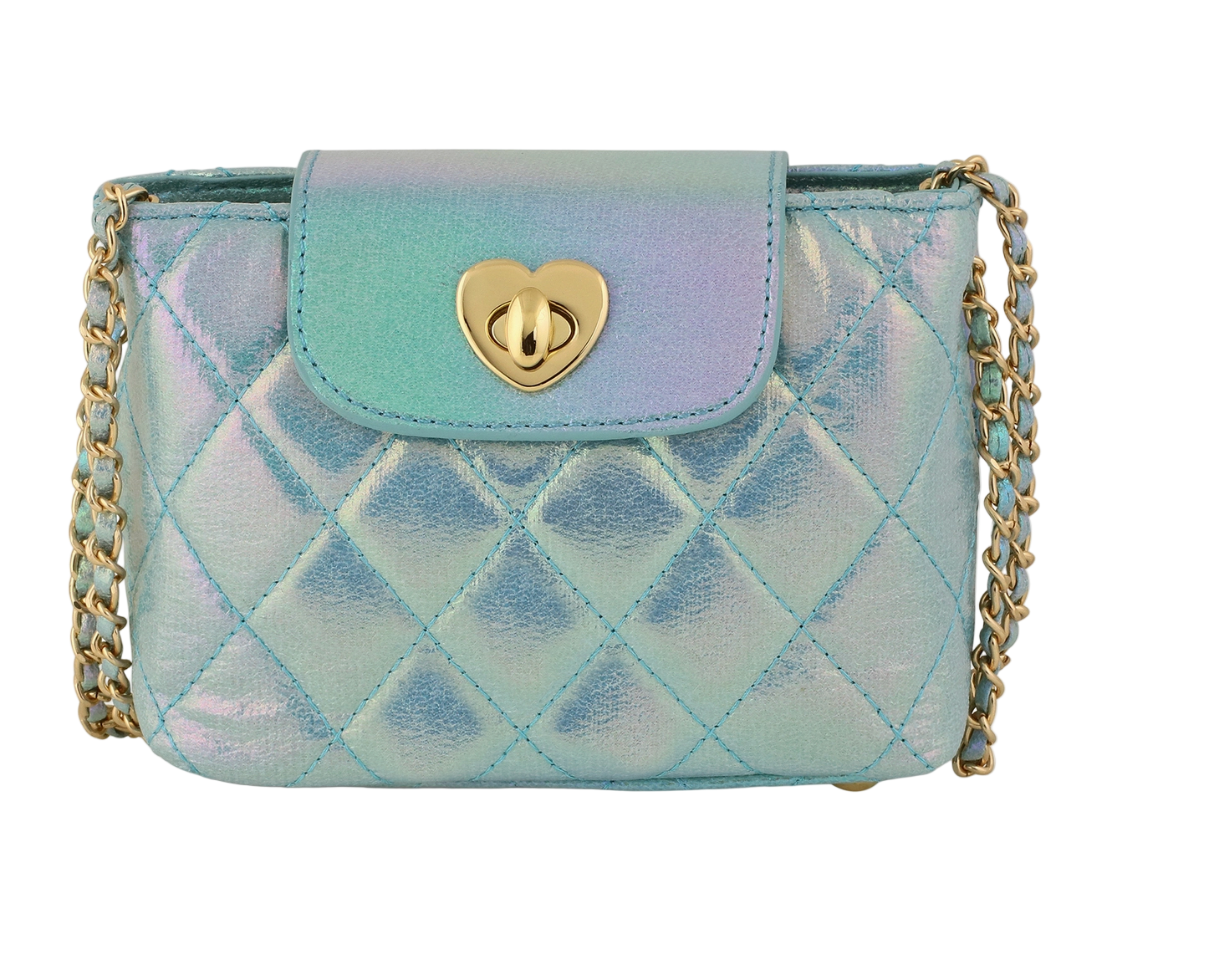 Aqua metallic girls' Paige bag by Carrying Kind, featuring a shiny exterior and stylish design for young girls.