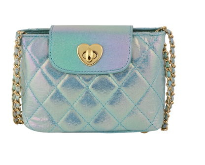 Aqua metallic girls' Paige bag by Carrying Kind, featuring a shiny exterior and stylish design for young girls.
