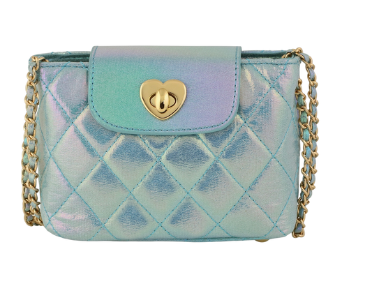 Aqua metallic girls' Paige bag by Carrying Kind, featuring a shiny exterior and stylish design for young girls.