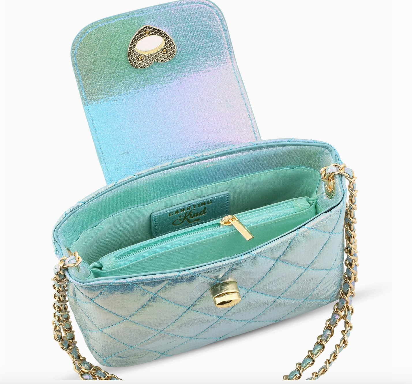 Girls Paige Bag in Aqua Metallic from Carrying Kind featuring a shiny, metallic aqua-colored design with a stylish handle and compact size.