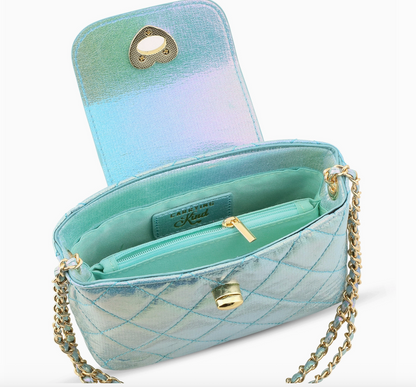 Girls Paige Bag in Aqua Metallic from Carrying Kind featuring a shiny, metallic aqua-colored design with a stylish handle and compact size.
